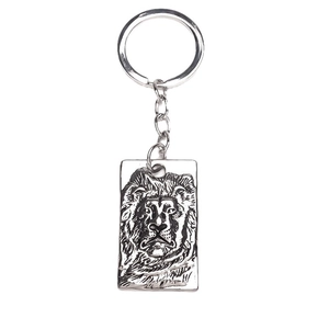 Hip-hop style silver metal lion head keychain with vintage embossed lion head relief