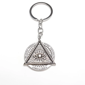 Detail of silver Freemason keychain with All-Seeing Eye and engraved believe text