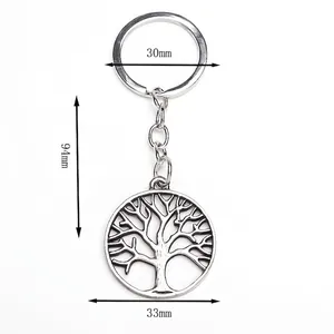Silver Tree of Life keychain pendant with 94mm total length and 33mm round charm