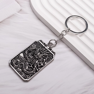 Retro silver dragon totem rectangular pendant keychain with high relief metal carving