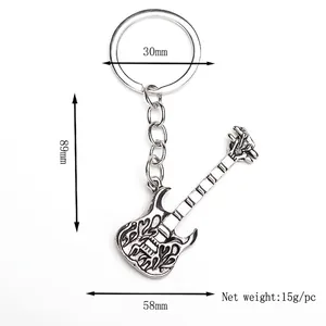 Guitar keychain with black flame design made of zinc alloy, size 89mm by 58mm