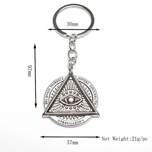 Silver evil eye keychain with Freemason symbol and triangle pendant for bags