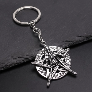Gothic Punk Alloy Skeleton Pentagram Keychain Antique Silver Mystic Symbols Metal Key Ring Pendant Accessory For Women Men