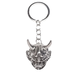 Japanese Hannya mask metal keychain with silver finish and detailed devil mask design