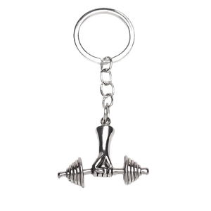 Polished silver fitness keychain featuring a fist holding a barbell on white background
