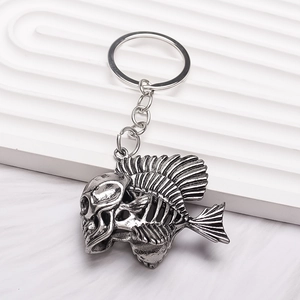 Vintage punk silver fish bone skeleton key chain with Roman warrior helmet aesthetic