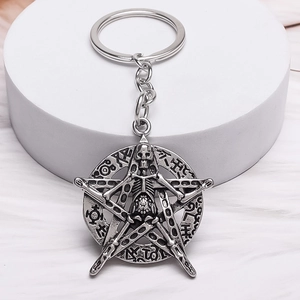 Gothic silver skull and pentagram keychain with vintage metal runes on a white background