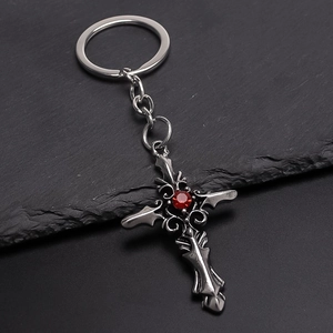 Punk Gothic Alloy Cross Keychain For Men Women Red Rhinestone Inlaid Vintage Metal Cross Pendant Key Ring Jewelry Gift