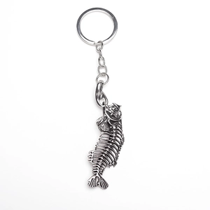 Close-up of a silver alloy fishbone keychain with lobster clasp on white background