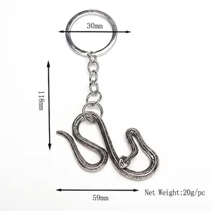 Vintage silver snake keychain with S-curve design and detailed scales, 118mm total length