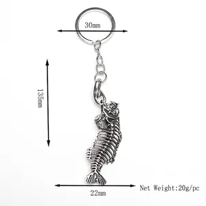 Gothic alloy fish bone keychain accessory with 135mm length and 30mm ring diameter