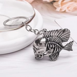 Punk skeleton fish keychain with Roman helmet skull design in vintage silver metal