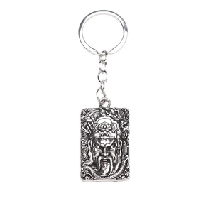 Vintage silver alloy square keychain with Guan Yu relief carving and premium metallic finish