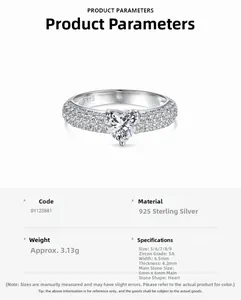 Detailed close-up of S925 sterling silver ring featuring a 6mm heart-cut cubic zirconia stone