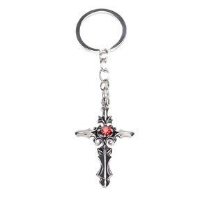 Punk vintage alloy cross keychain with red gemstone and Gothic vine patterns