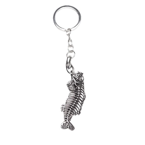 Silver alloy fish bone keychain with vintage finish and lobster clasp on white background