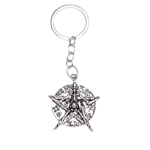 Retro silver gothic keychain with skull pentagram and mystical alchemical symbols