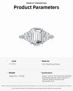 Detailed specs of S925 silver ring featuring 8x10mm emerald cut cubic zirconia