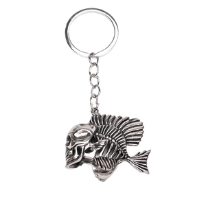Retro punk keychain featuring a fusion of a human skull and deep sea fish skeleton