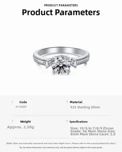 Detail specifications of 925 sterling silver ring with 2.0ct cubic zirconia stone
