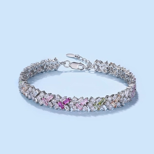 Close-up of S925 silver bracelet with colorful cubic zirconia and lobster clasp detail