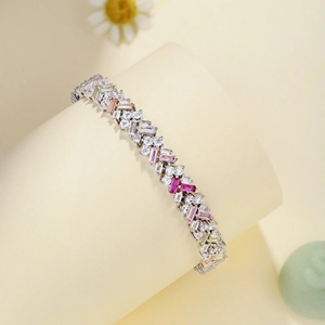 Elegant S925 sterling silver bracelet with multi-color zircons in round and baguette cuts