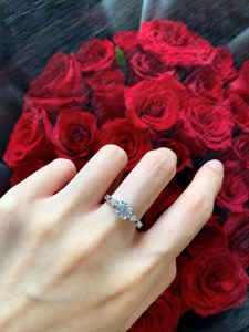 Classic S925 sterling silver three-stone ring with round diamond simulant on a rose backdrop