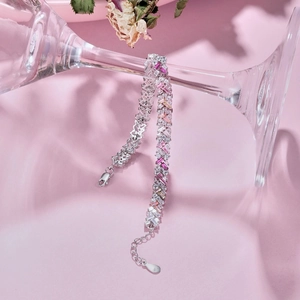 Detailed macro of S925 sterling silver stamp on crystal bracelet with colorful zircons