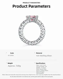 Detail of 925 sterling silver ring featuring a large 8x10mm pink rectangle zircon stone