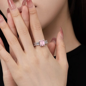 Detailed macro view of S925 silver ring featuring emerald cut pink zircon stone