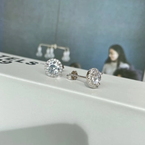 Detailed macro view of S925 sterling silver halo stud earrings with brilliant round zircon