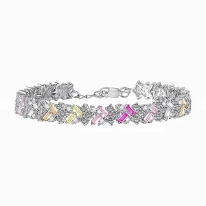 S925 Sterling Silver Multi-color Zirconia Bracelet For Women Geometric Tennis Bracelet Wedding Party Fashion Jewelry Gift