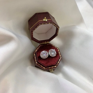 French style S925 sterling silver halo stud earrings with sparkling cubic zirconia in a red box