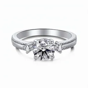 Classic 925 Sterling Silver Round Cut White Rhinestone Ring For Women Three-Stone Vintage Milgrain Engagement Wedding Jewelry
