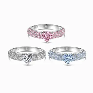 925 Sterling Silver Heart Shaped Zirconia Ring For Women Sweet Rainbow Barbie Style Pavé Setting Wedding Jewelry Finger Ring