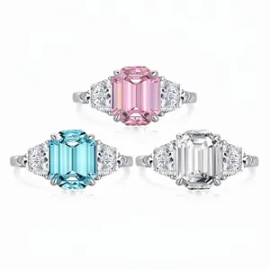 Elegant French S925 Sterling Silver Emerald Cut Zirconia Ring Pink Blue White Gemstone Three Stone Engagement Ring For Women Wedding Party Jewelry