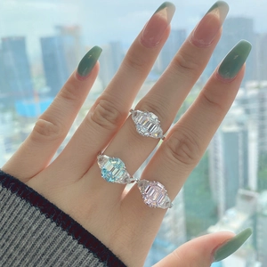 French style S925 silver rings with emerald cut zircons in white, blue and pink