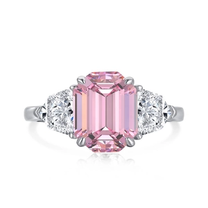 Elegant S925 silver ring featuring a pink emerald-cut gemstone and two side diamonds