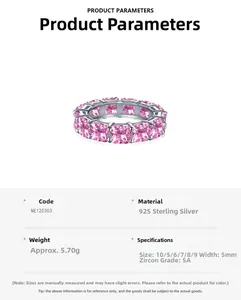 Detail view of pink princess cut zircon eternity ring in 925 sterling silver with specs