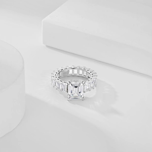 Detail showing S925 hallmark on silver ring with large rectangle emerald cut zircon