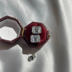 Elegant S925 sterling silver emerald cut white zircon stud earrings in red velvet gift box