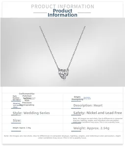 Macro detail of S925 sterling silver heart necklace showing 2.54g weight and parameters