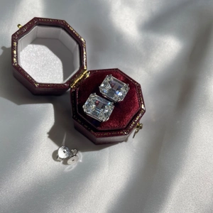 S925 sterling silver stud earrings with square emerald cut white zircon in red jewelry box