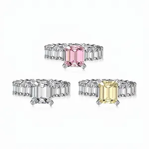 Luxury 925 Sterling Silver Emerald Cut Zirconia Eternity Ring For Women Fashion Rectangular Pink Yellow White Stone Wedding Engagement Jewelry Ring