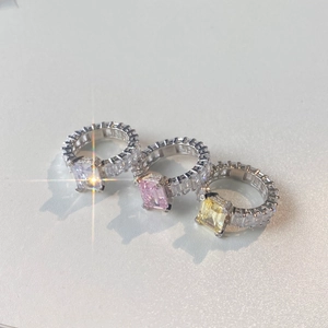 Elegant S925 sterling silver ring with rectangular multi-color zircon and paved band
