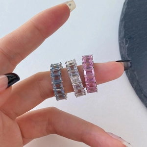 S925 sterling silver eternity rings with emerald-cut zirconia in blue, white and pink