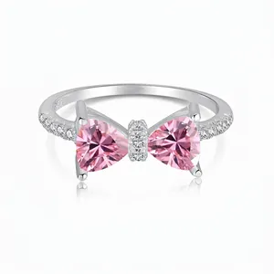 S925 Sterling Silver Bowknot Ring For Women Pink White Zirconia Inlaid Adjustable Finger Ring Elegant Fashion Jewelry Gift