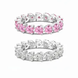 925 Sterling Silver Heart Shaped Zirconia Eternity Ring For Women Sparkling Pink White Crystal Inlaid Wedding Engagement Jewelry Ring