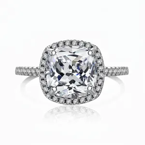 Bague Halo en Argent Sterling 925 avec Zirconia Taille Coussin pour Femme Élégante Bague en Zirconia Carré pour Fiançailles Mariage Bijoux