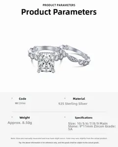 Detail of S925 sterling silver bridal set with 9x11mm rectangle cut 5A cubic zirconia
